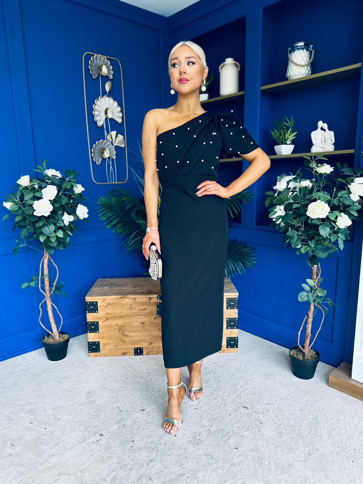 April Pearl Embellished Occasion Midi Dress Black