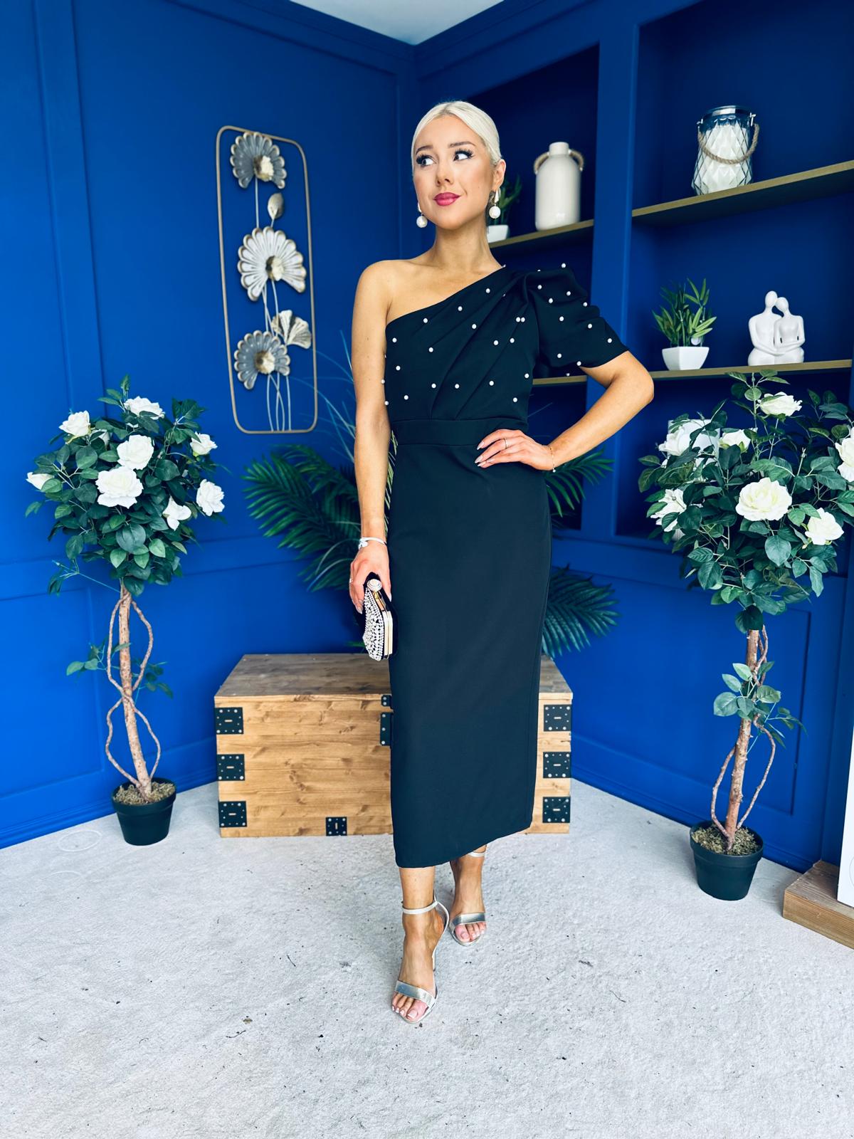 April Pearl Embellished Occasion Midi Dress Black