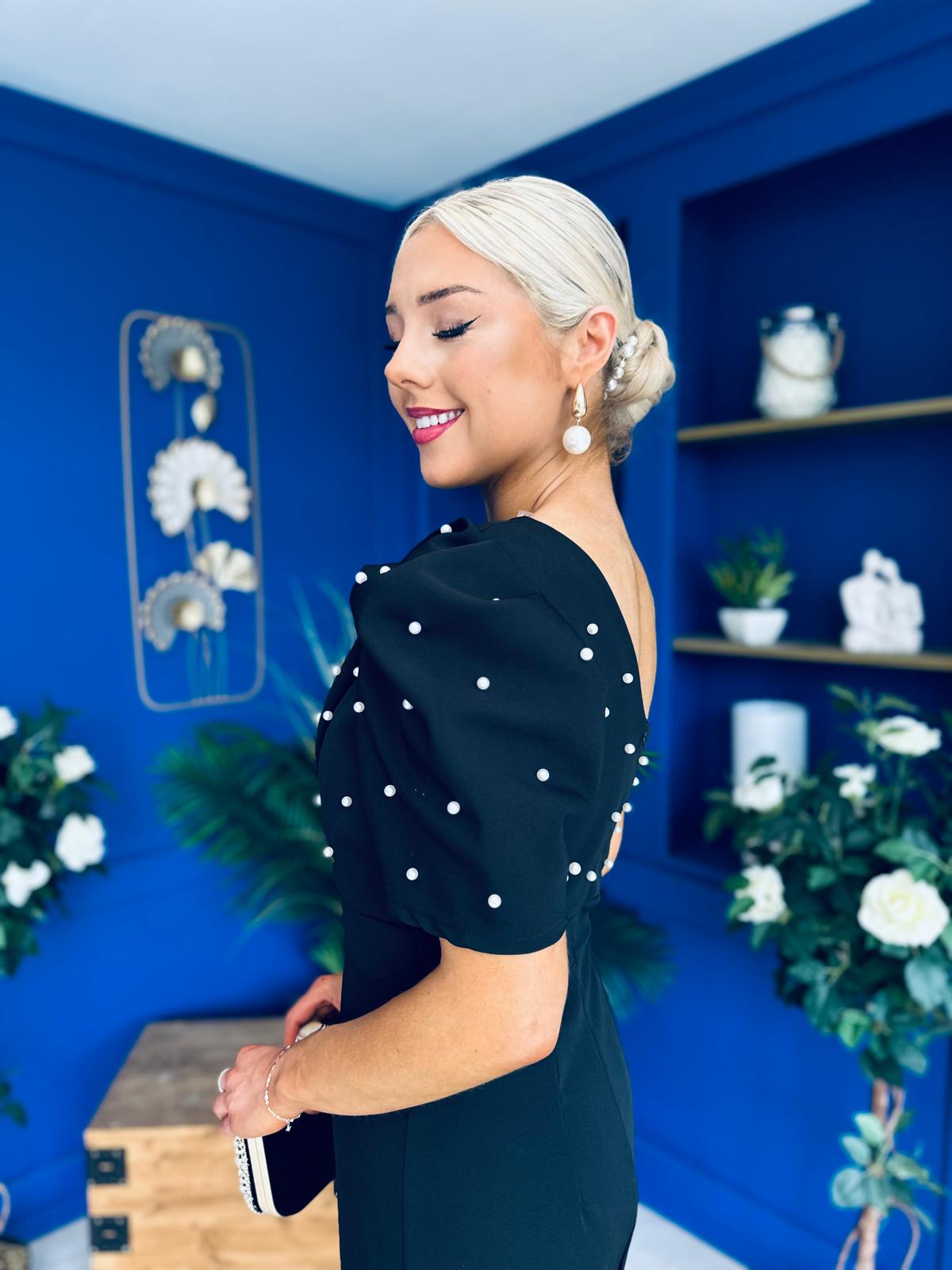 April Pearl Embellished Occasion Midi Dress Black