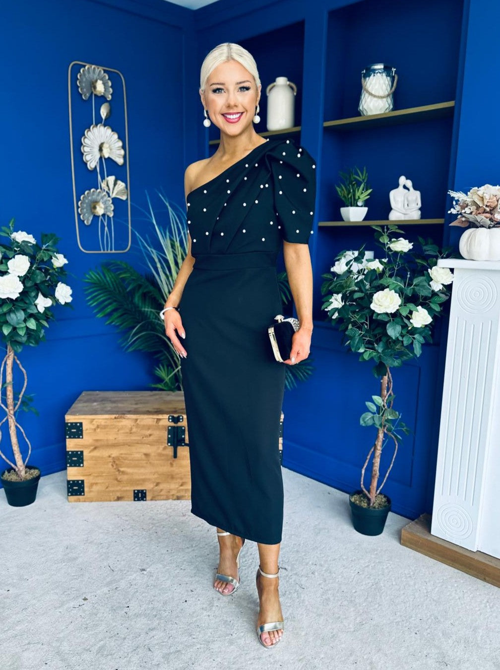 April Pearl Embellished Occasion Midi Dress Black