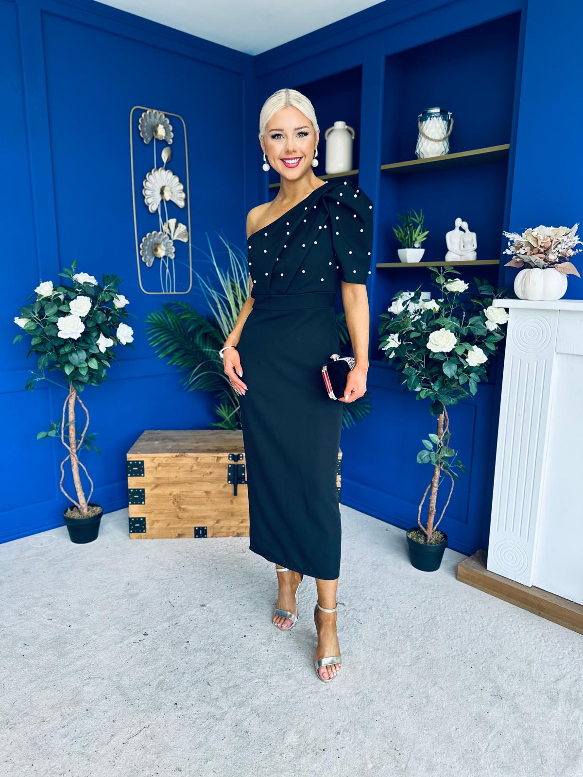 April Pearl Embellished Occasion Midi Dress Black