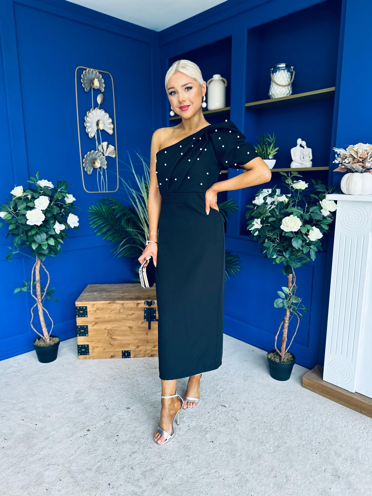 April Pearl Embellished Occasion Midi Dress Black