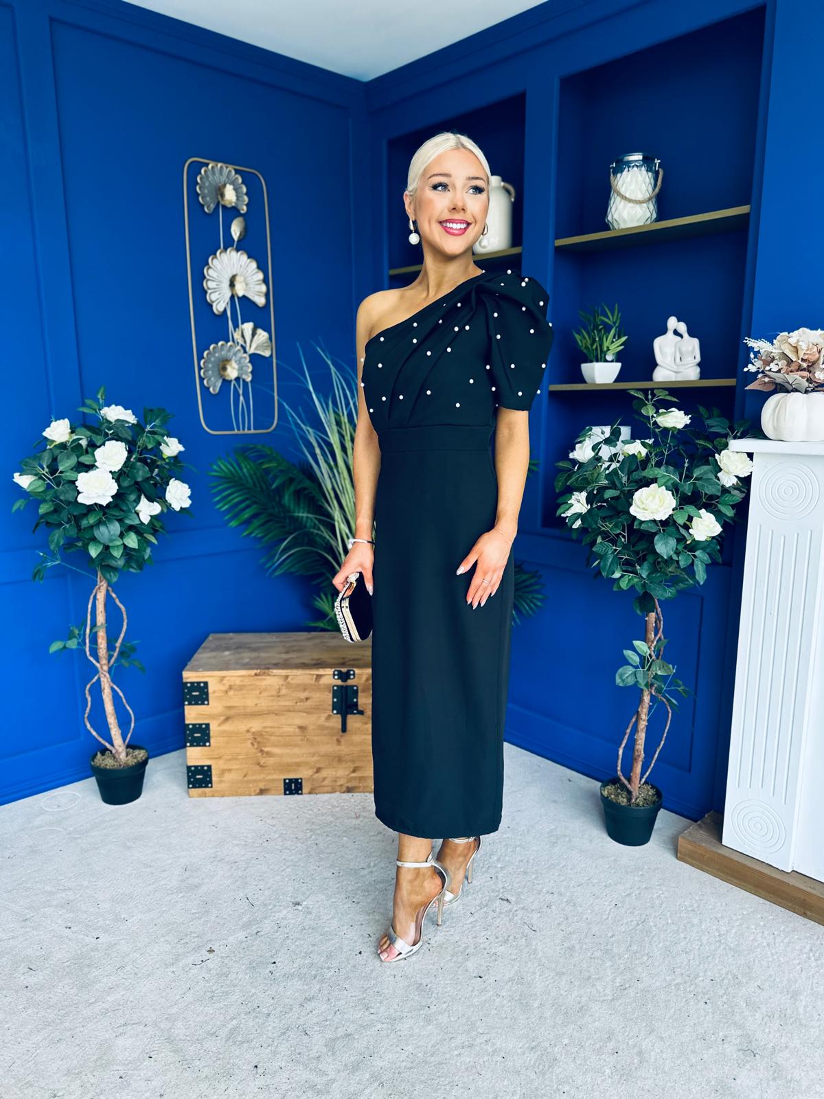 April Pearl Embellished Occasion Midi Dress Black