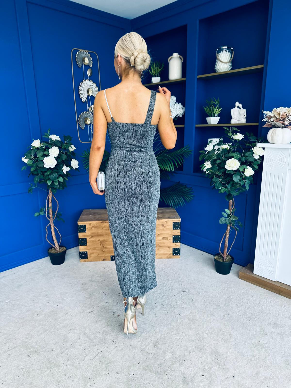 Patrice Detailed Metallic Midi Dress Silver