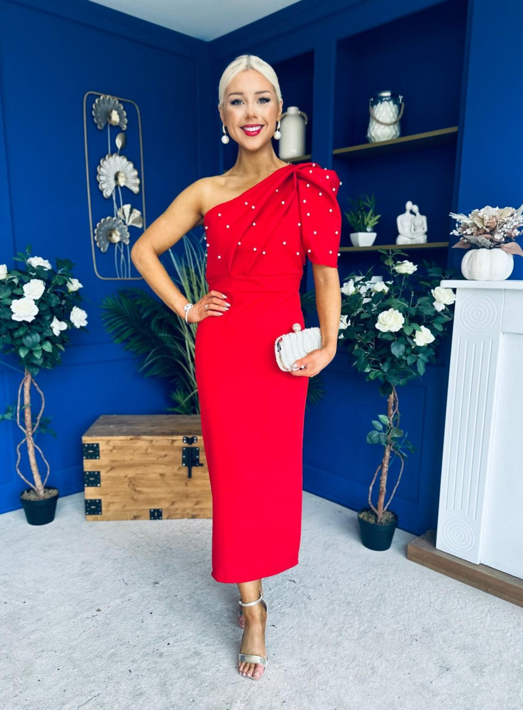 April Pearl Embellished Occasion Midi Dress Red