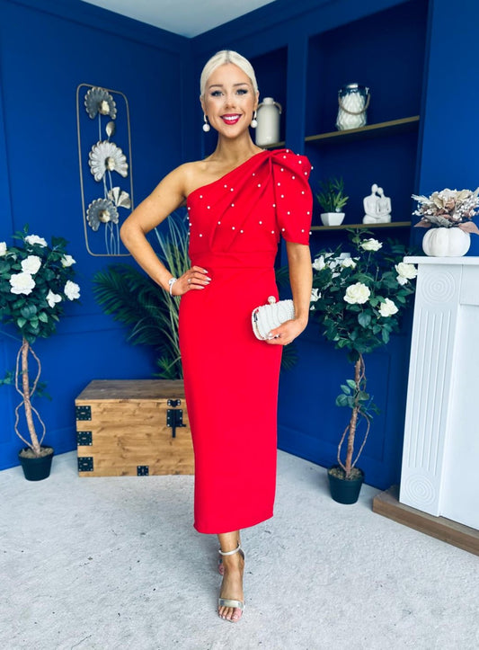 April Pearl Embellished Occasion Midi Dress Red