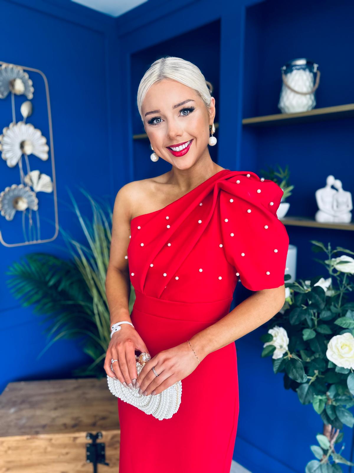 April Pearl Embellished Occasion Midi Dress Red