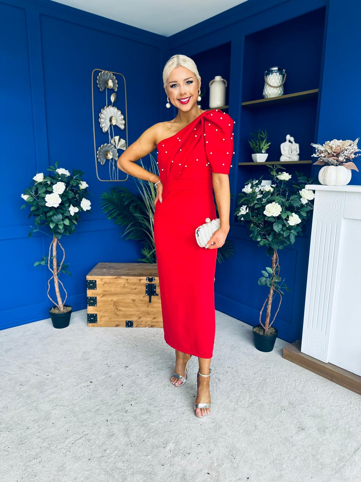 April Pearl Embellished Occasion Midi Dress Red