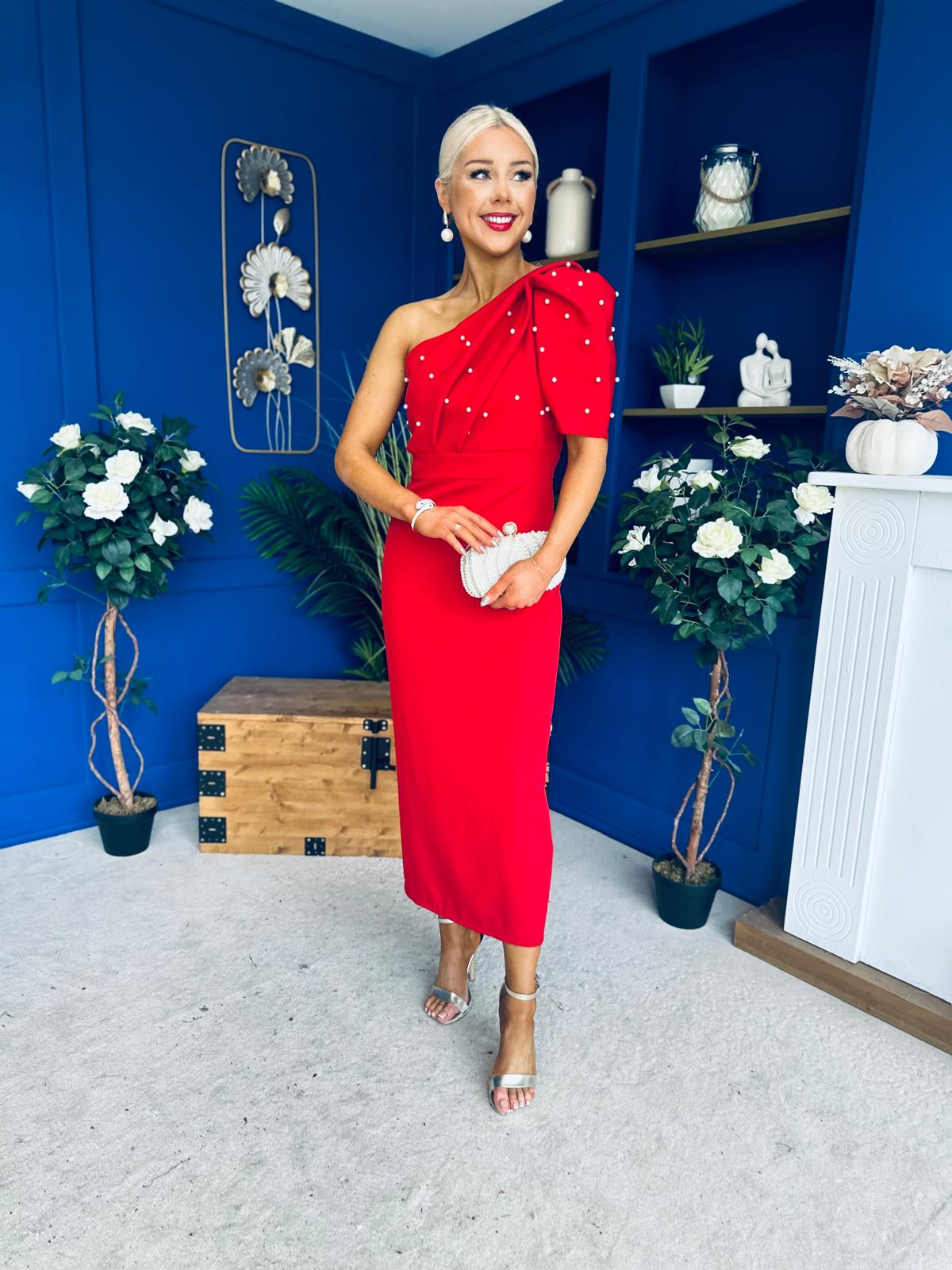 April Pearl Embellished Occasion Midi Dress Red