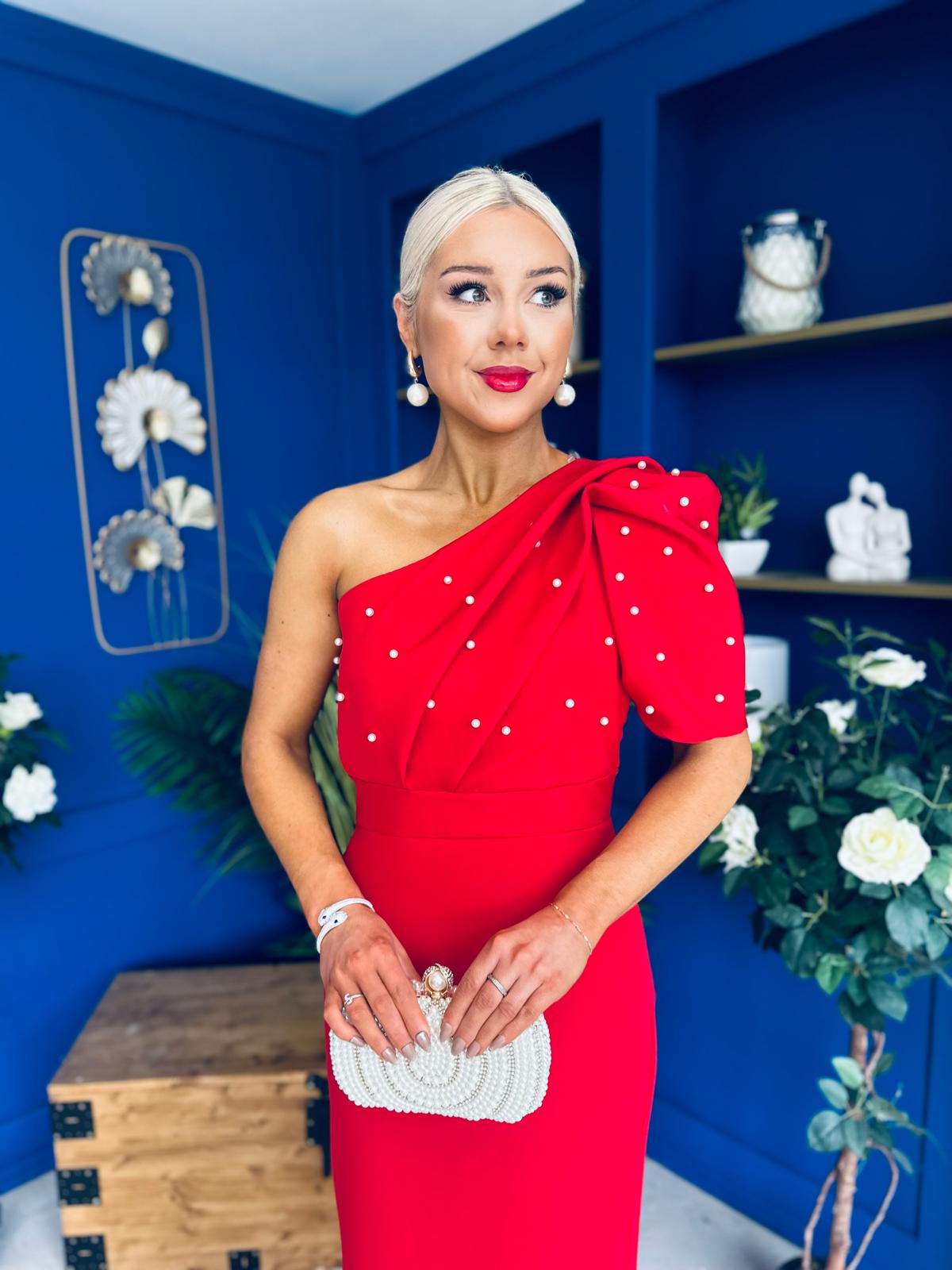 April Pearl Embellished Occasion Midi Dress Red