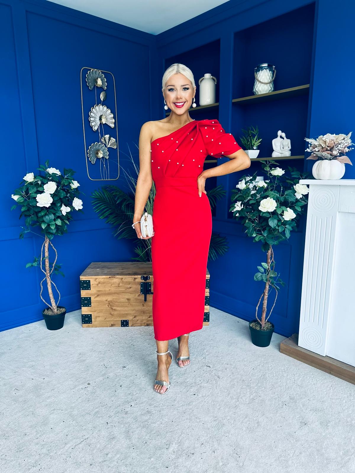 April Pearl Embellished Occasion Midi Dress Red