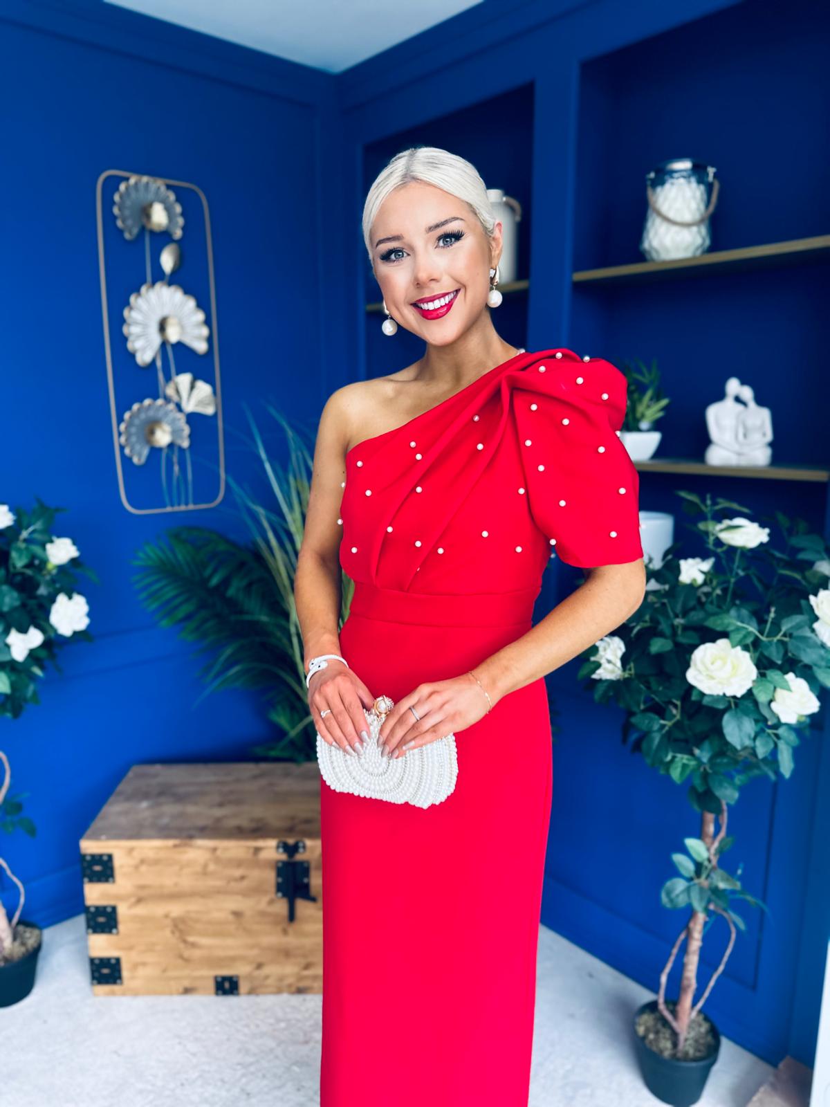 April Pearl Embellished Occasion Midi Dress Red