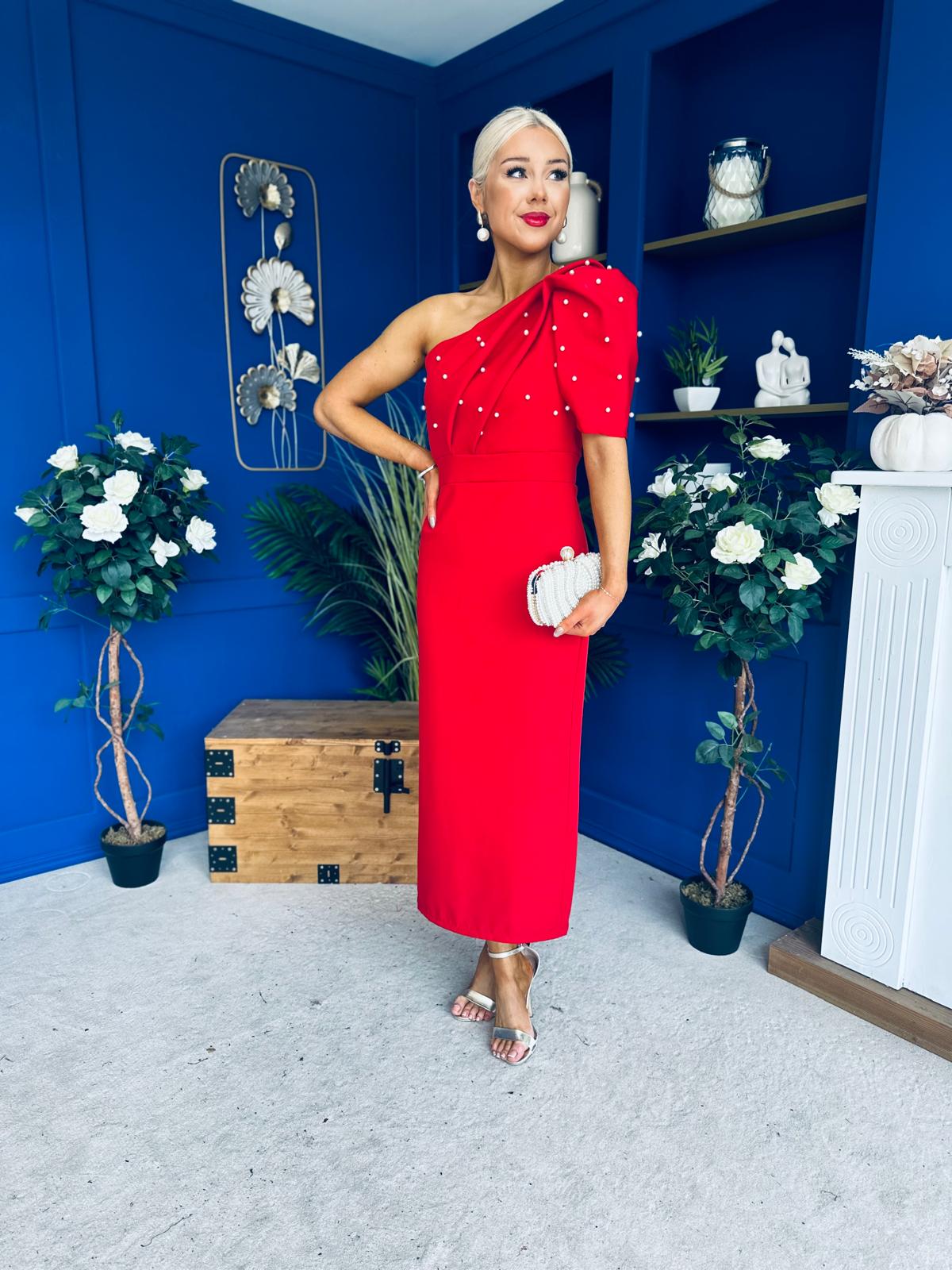 April Pearl Embellished Occasion Midi Dress Red