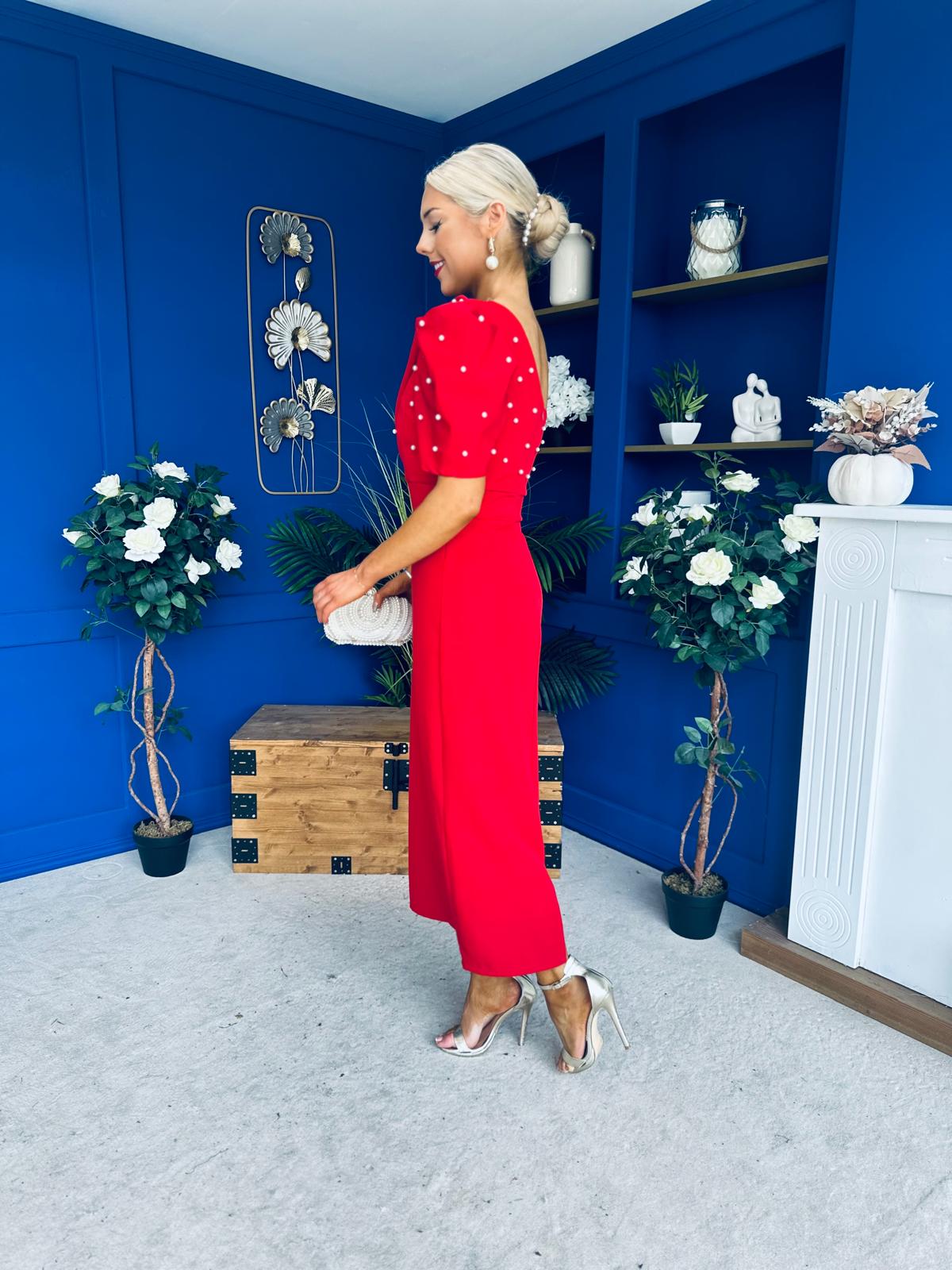 April Pearl Embellished Occasion Midi Dress Red