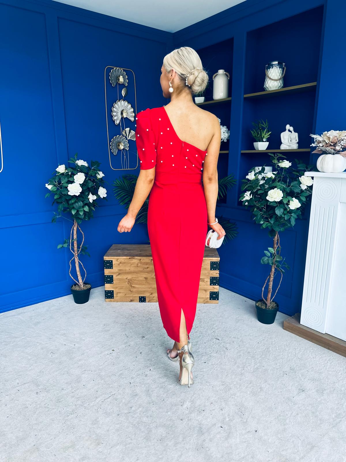 April Pearl Embellished Occasion Midi Dress Red