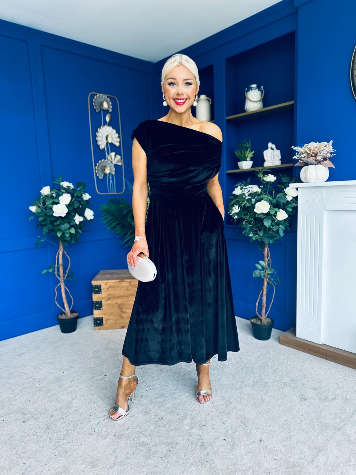 Breffy Asymmetric Neckline Skater Midi Black Velvet