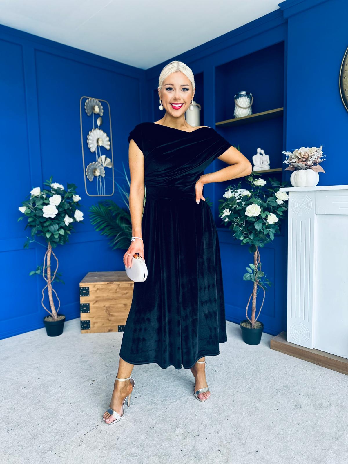 Breffy Asymmetric Neckline Skater Midi Black Velvet