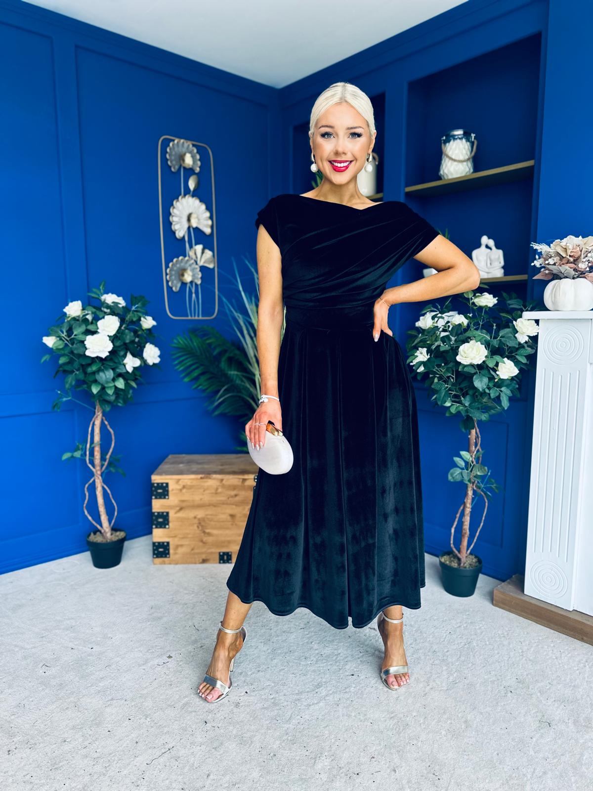 Breffy Asymmetric Neckline Skater Midi Black Velvet