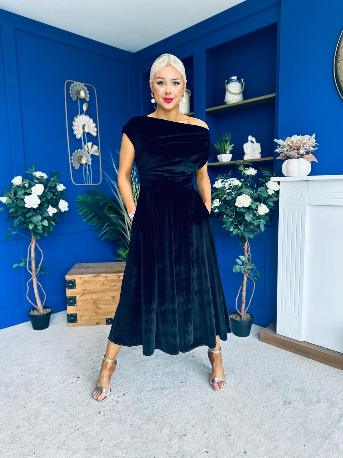 Breffy Asymmetric Neckline Skater Midi Black Velvet