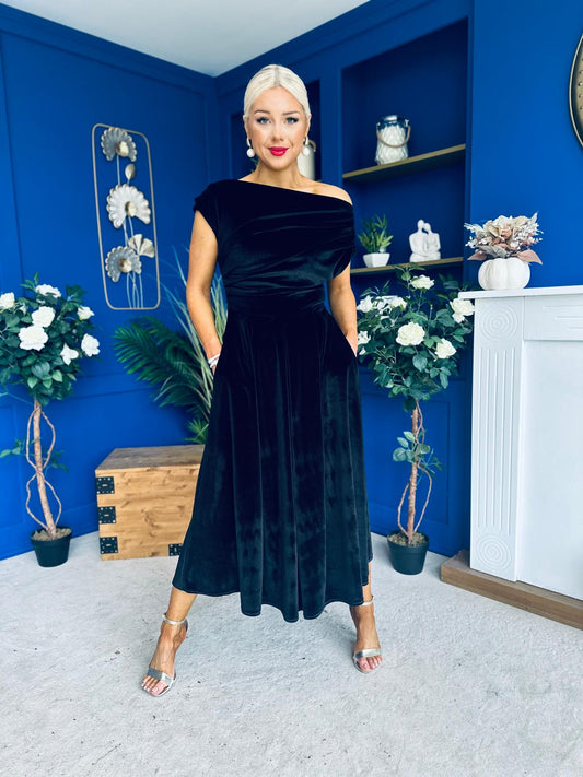 Breffy Asymmetric Neckline Skater Midi Black Velvet