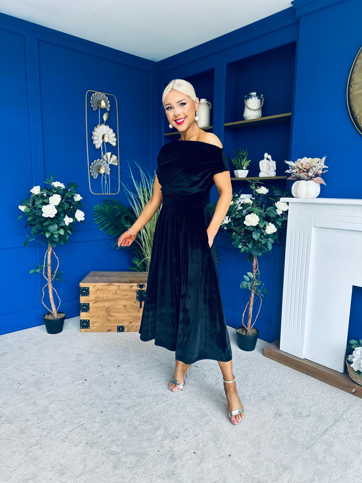 Breffy Asymmetric Neckline Skater Midi Black Velvet