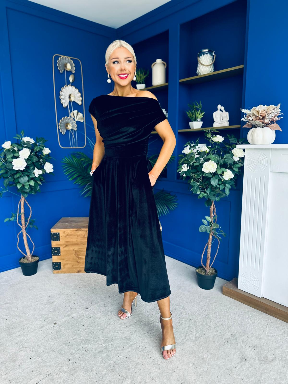 Breffy Asymmetric Neckline Skater Midi Black Velvet