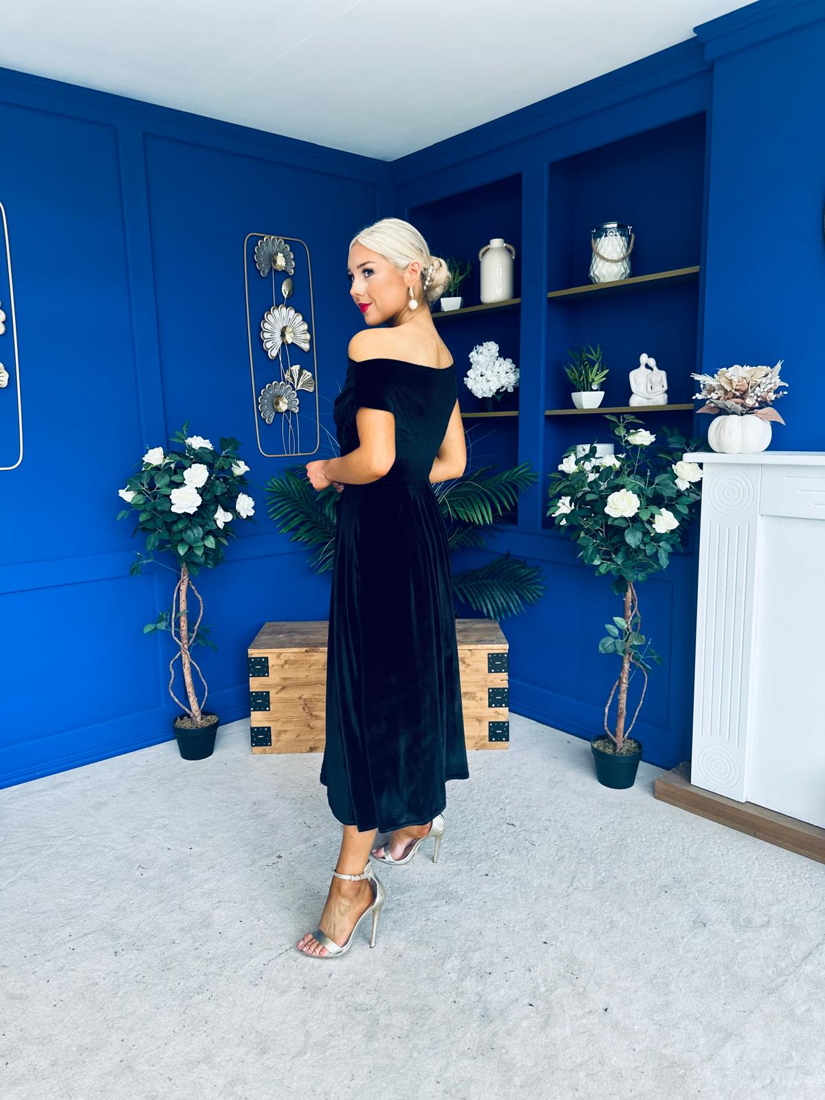 Breffy Asymmetric Neckline Skater Midi Black Velvet