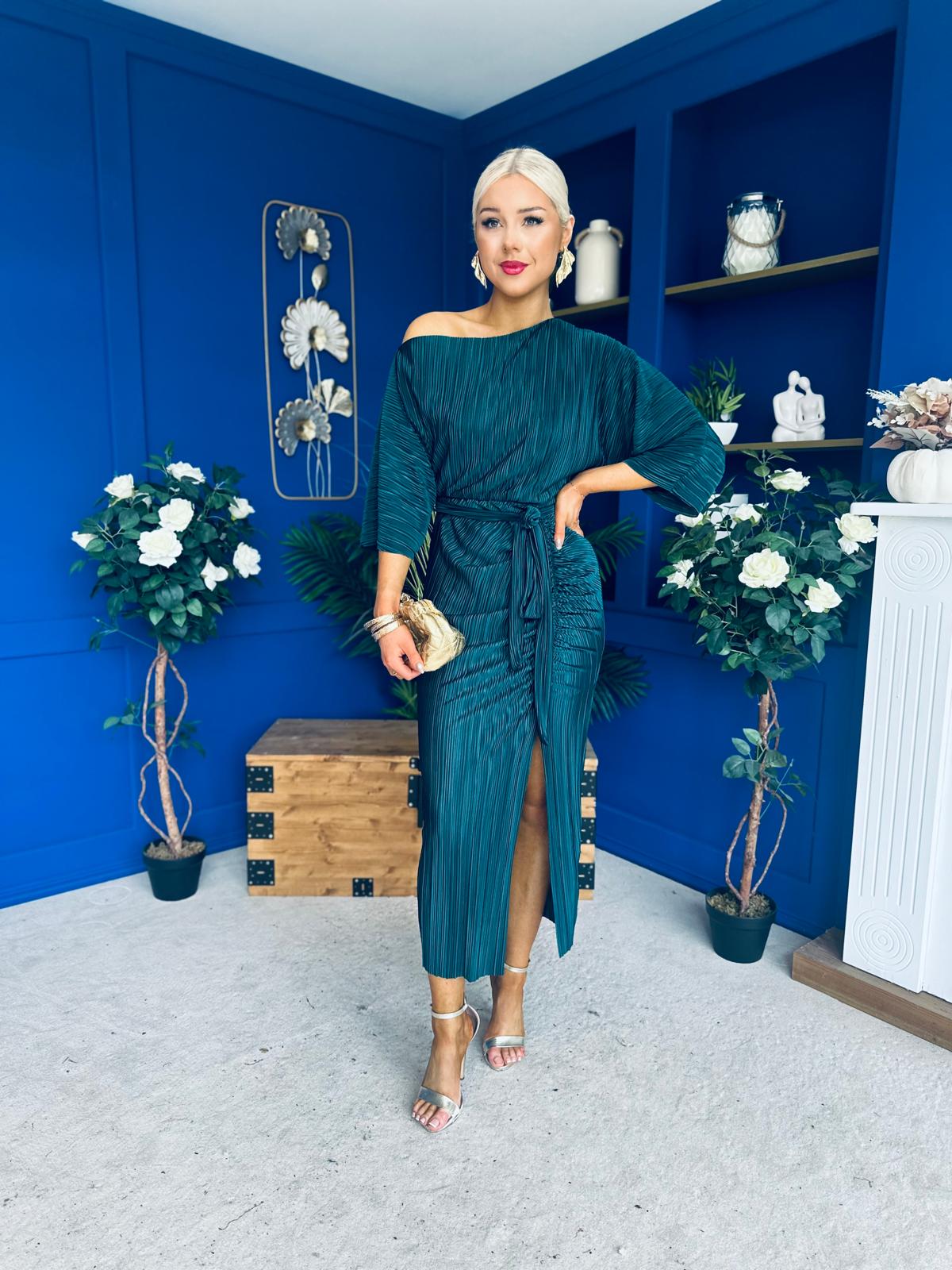 Vendy Off The Shoulder Ruched Detail Midi Dress Forest