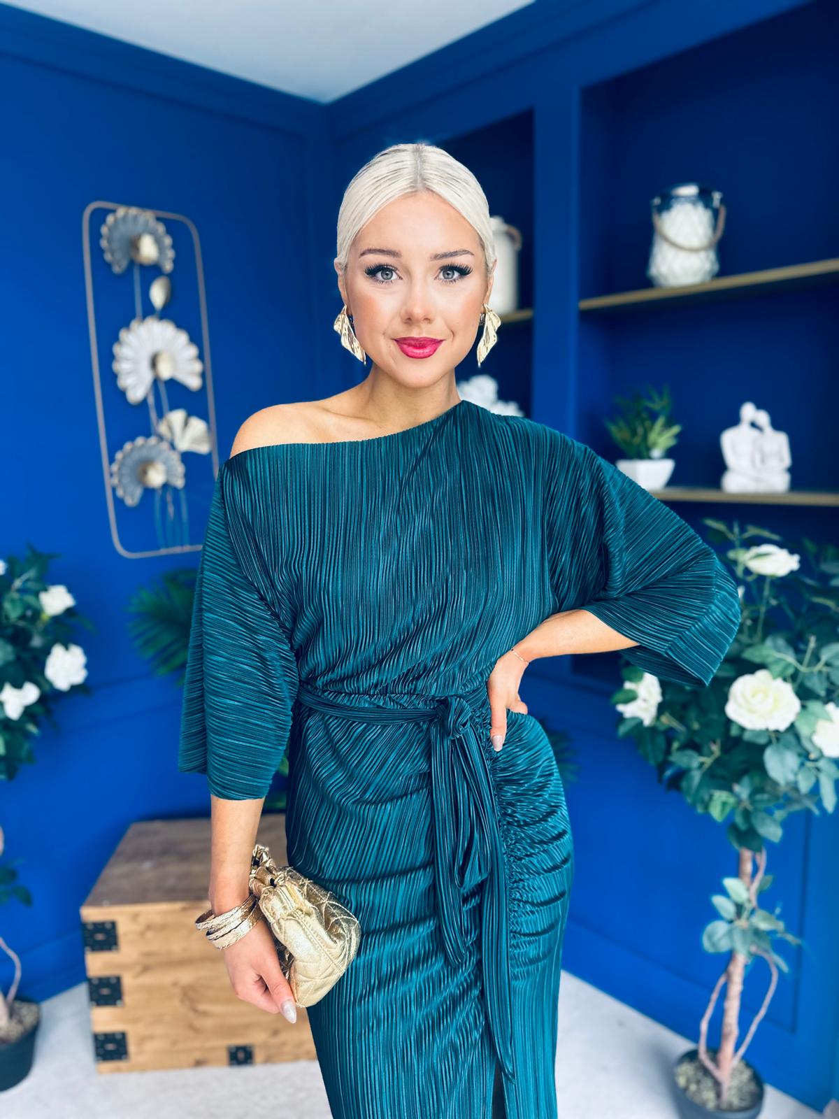 Vendy Off The Shoulder Ruched Detail Midi Dress Forest