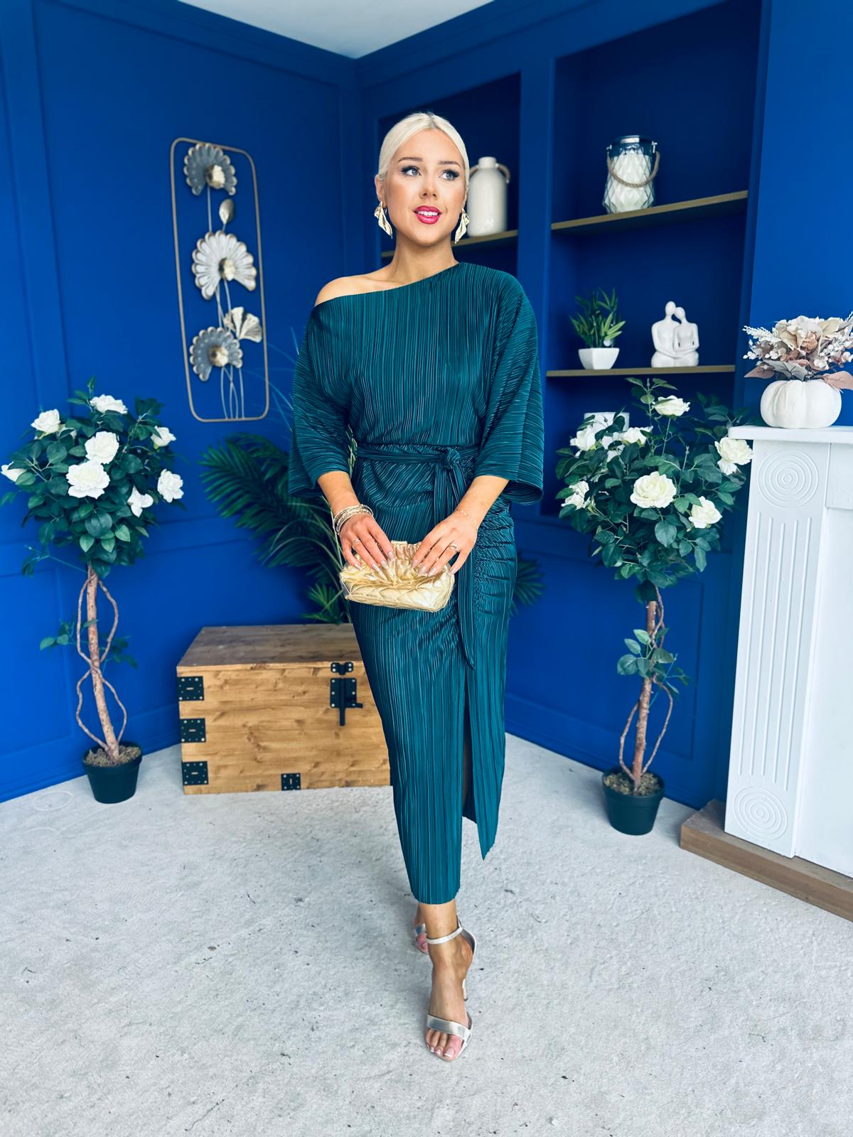 Vendy Off The Shoulder Ruched Detail Midi Dress Forest