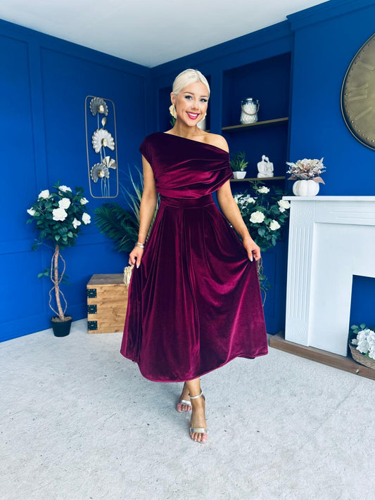 Breffy Asymmetric Neckline Skater Midi Burgundy Velvet