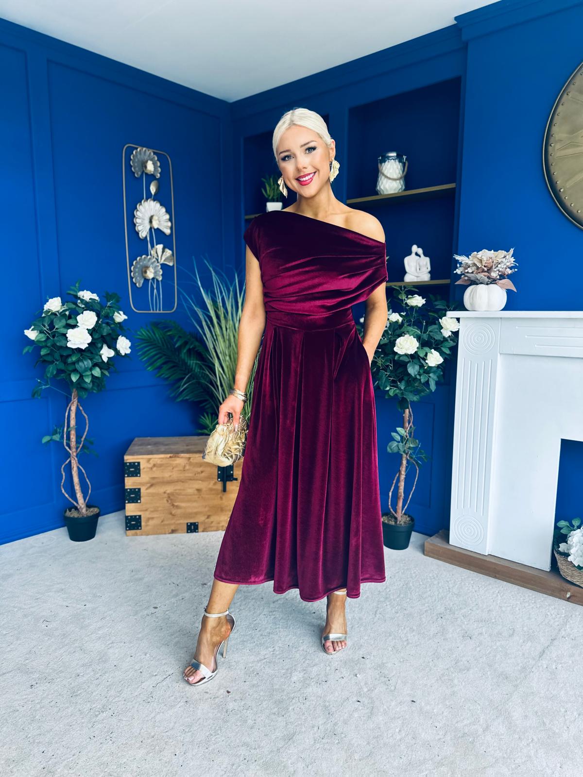 Breffy Asymmetric Neckline Skater Midi Burgundy Velvet