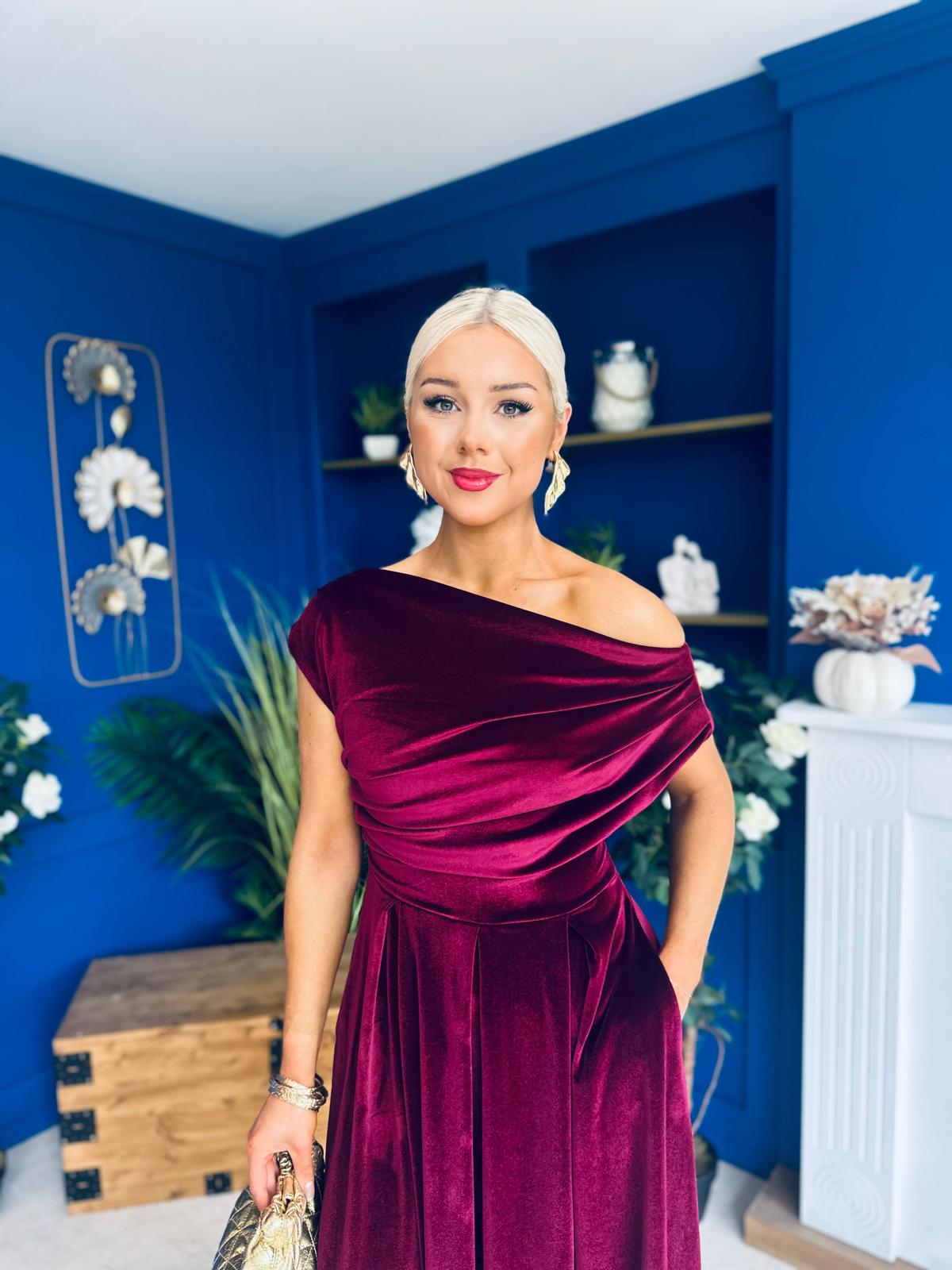 Breffy Asymmetric Neckline Skater Midi Burgundy Velvet