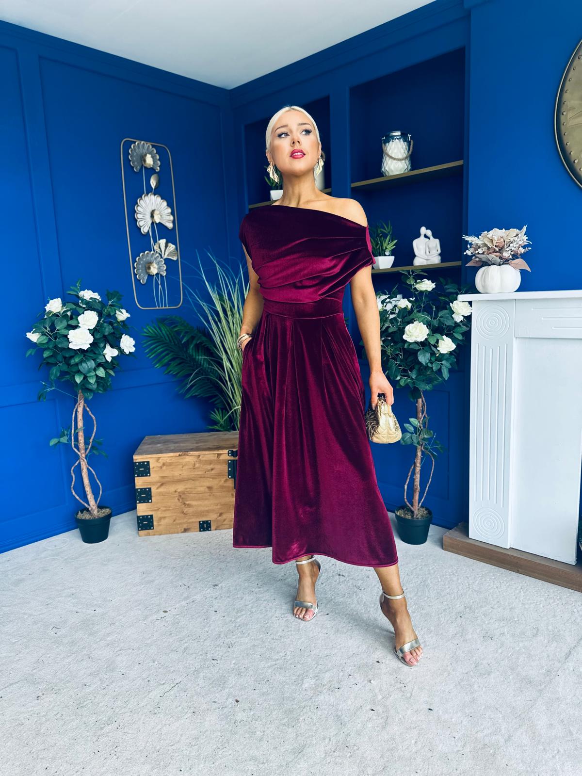 Breffy Asymmetric Neckline Skater Midi Burgundy Velvet