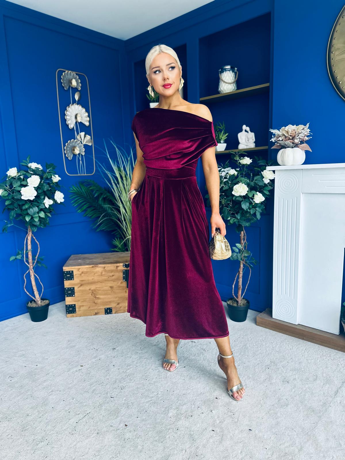 Breffy Asymmetric Neckline Skater Midi Burgundy Velvet