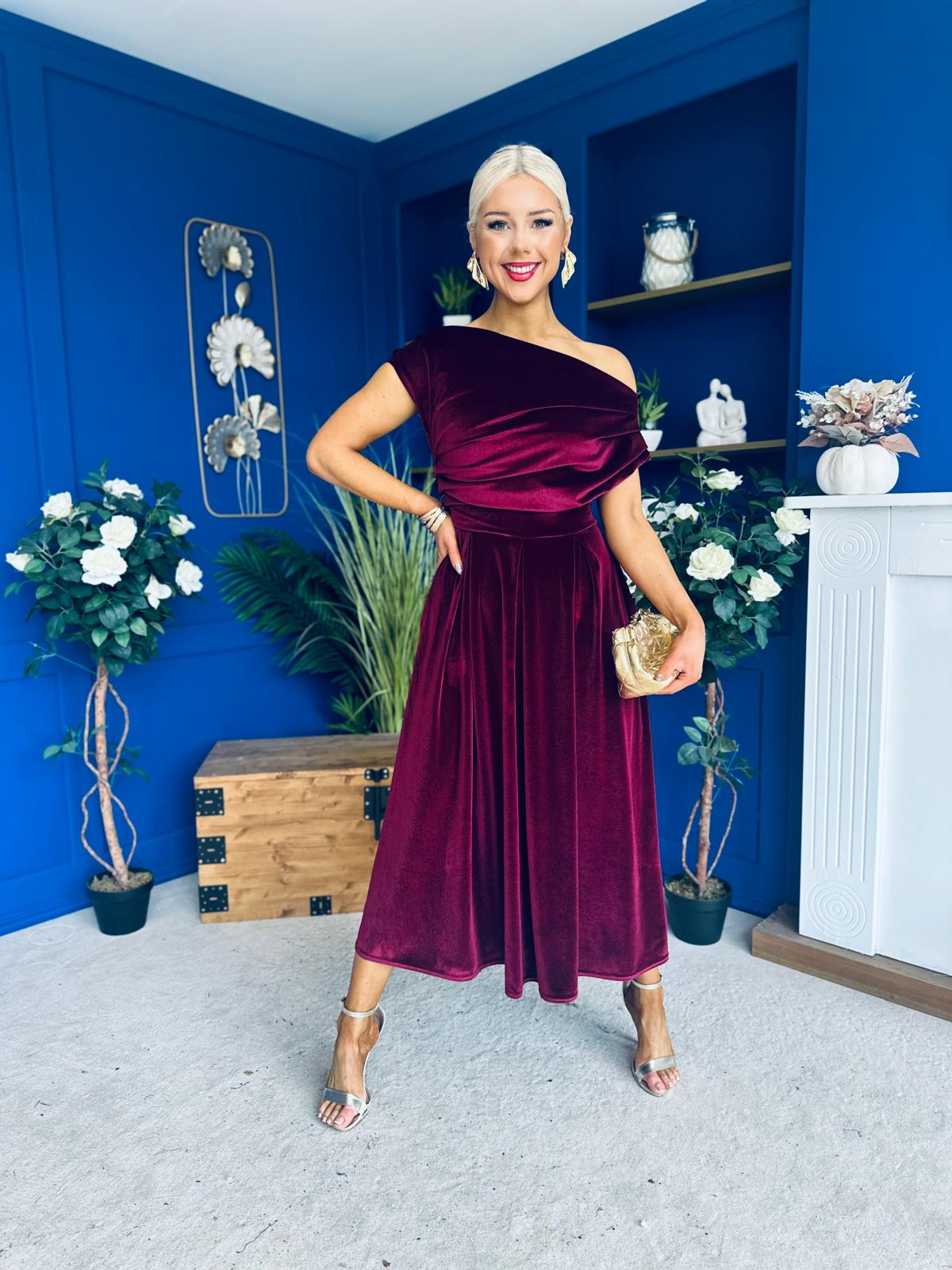 Breffy Asymmetric Neckline Skater Midi Burgundy Velvet