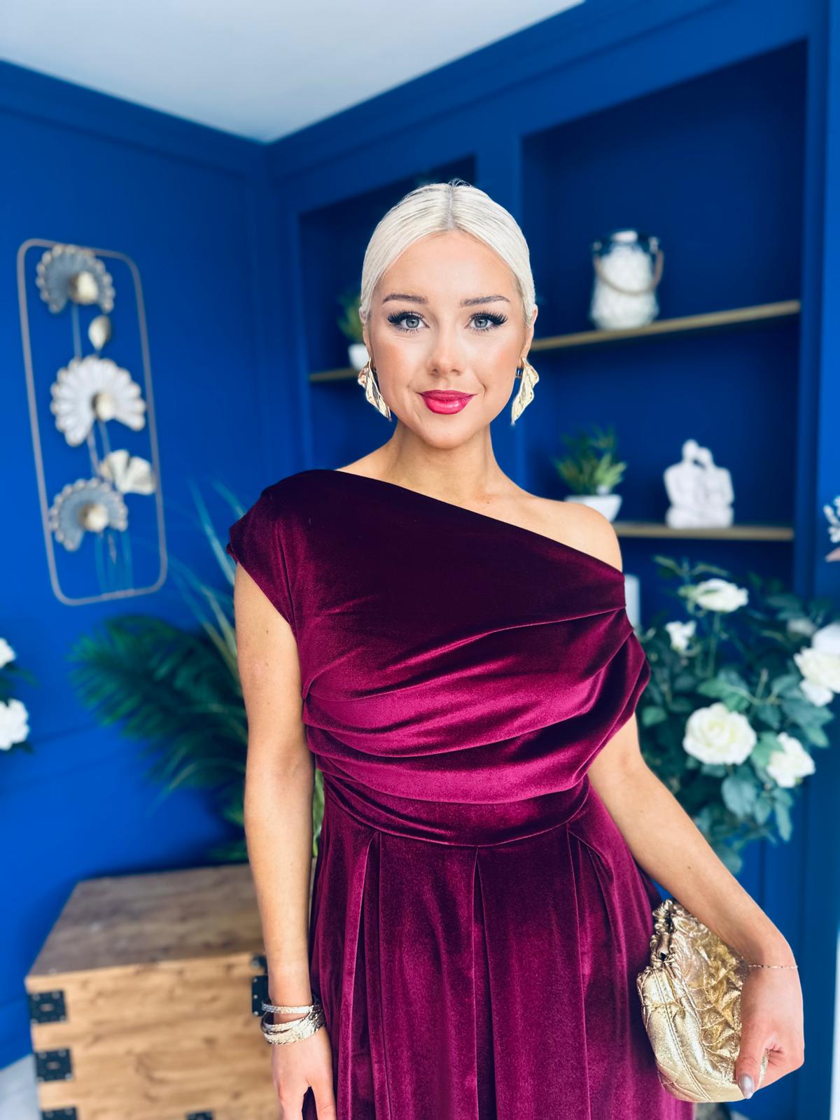 Breffy Asymmetric Neckline Skater Midi Burgundy Velvet