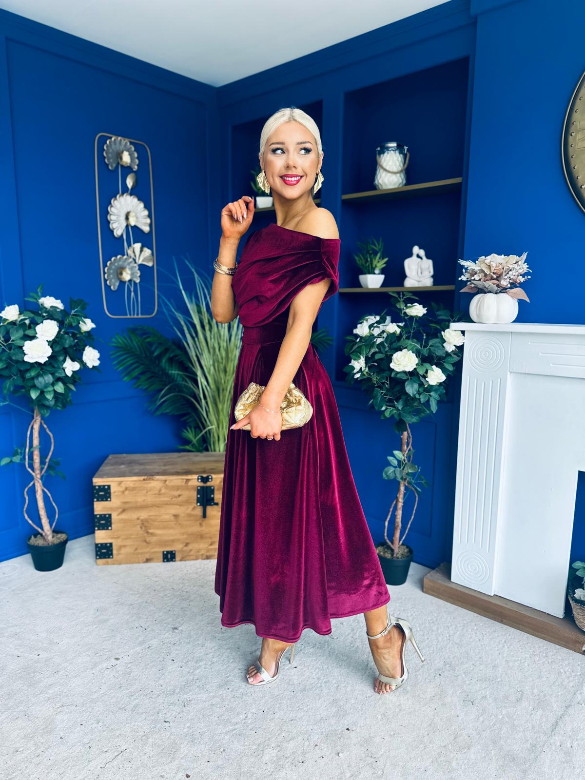 Breffy Asymmetric Neckline Skater Midi Burgundy Velvet