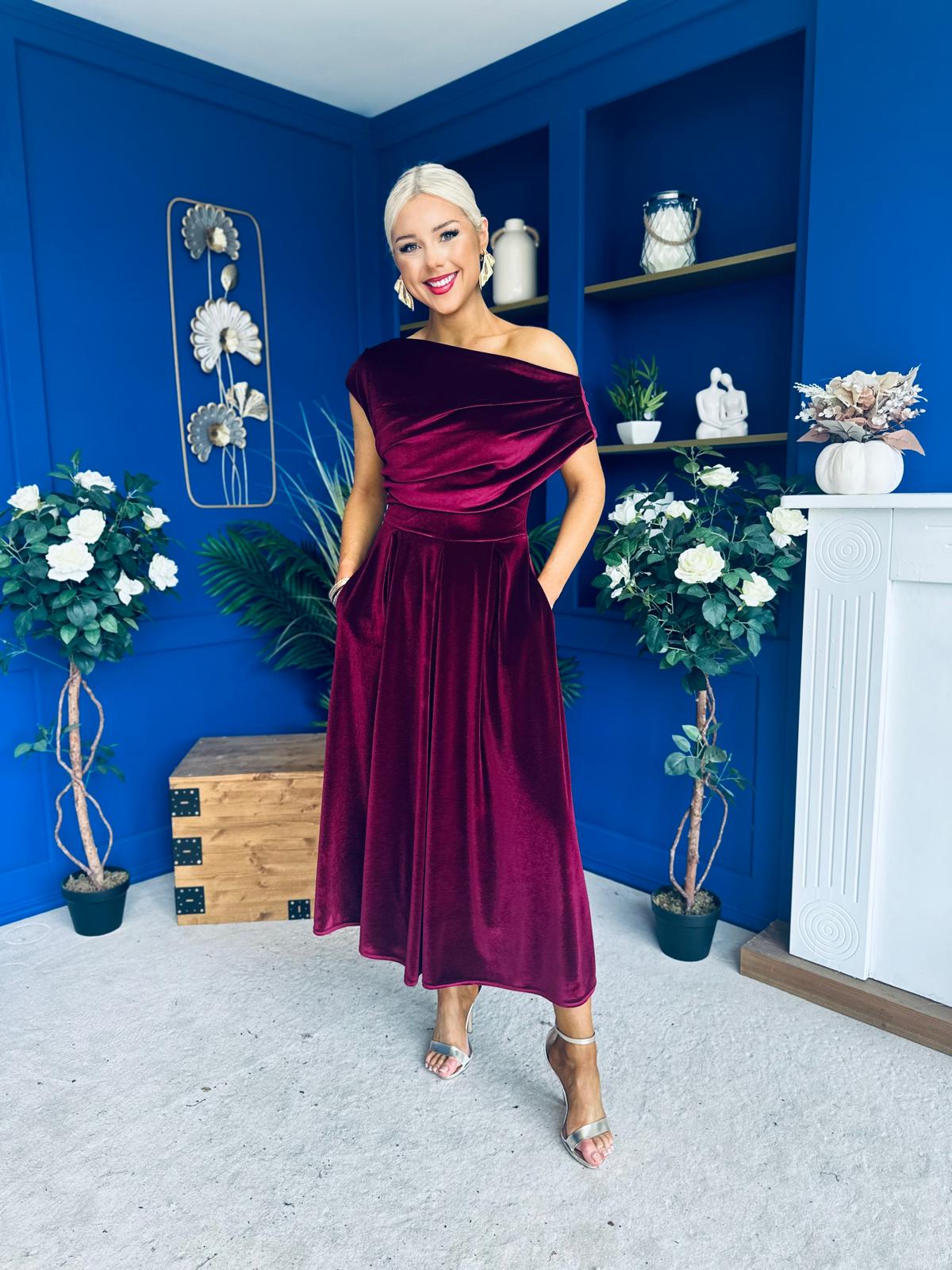 Breffy Asymmetric Neckline Skater Midi Burgundy Velvet