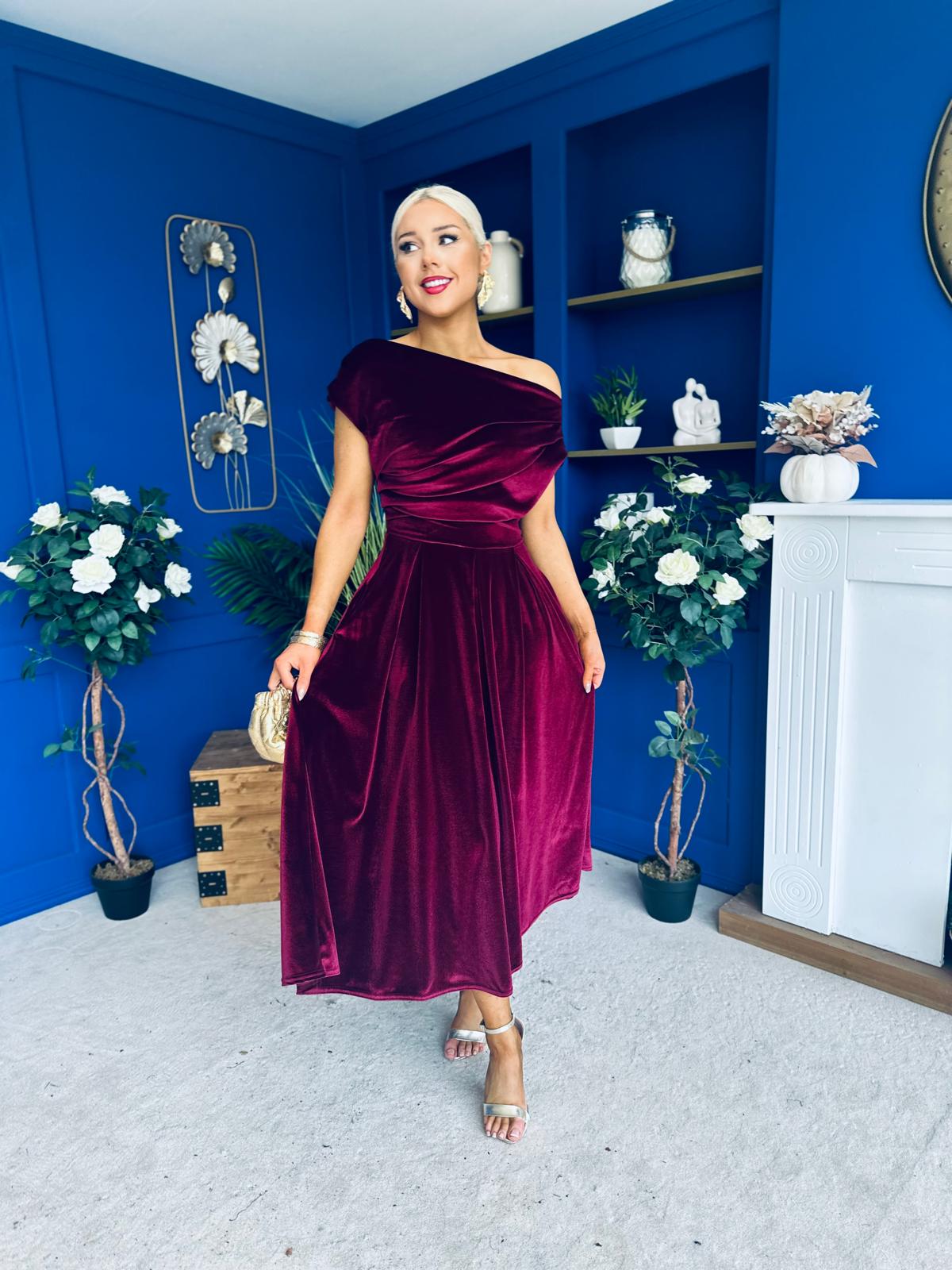 Breffy Asymmetric Neckline Skater Midi Burgundy Velvet