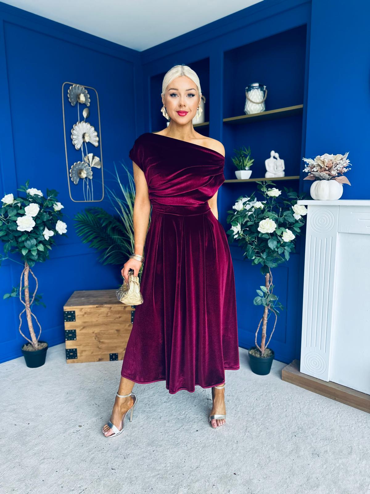 Breffy Asymmetric Neckline Skater Midi Burgundy Velvet