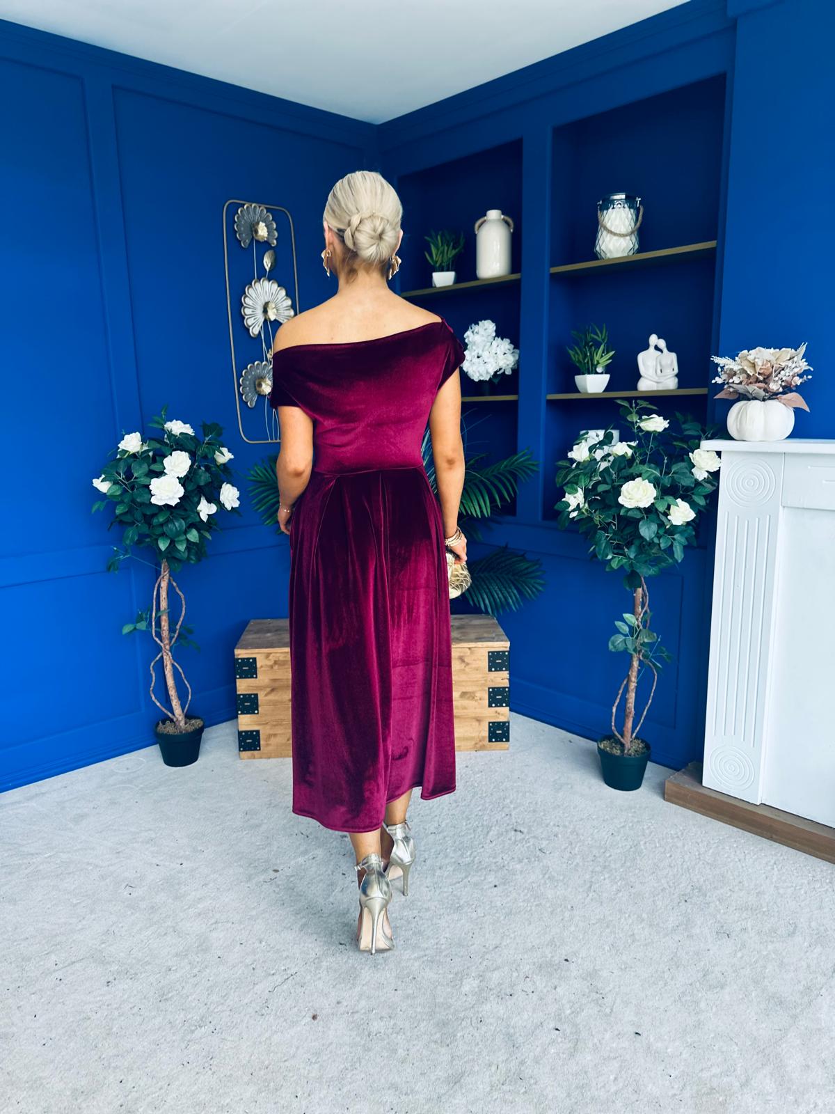 Breffy Asymmetric Neckline Skater Midi Burgundy Velvet