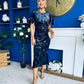 Cleo Velvet Ruched Detail Midi Dress Navy And Gold