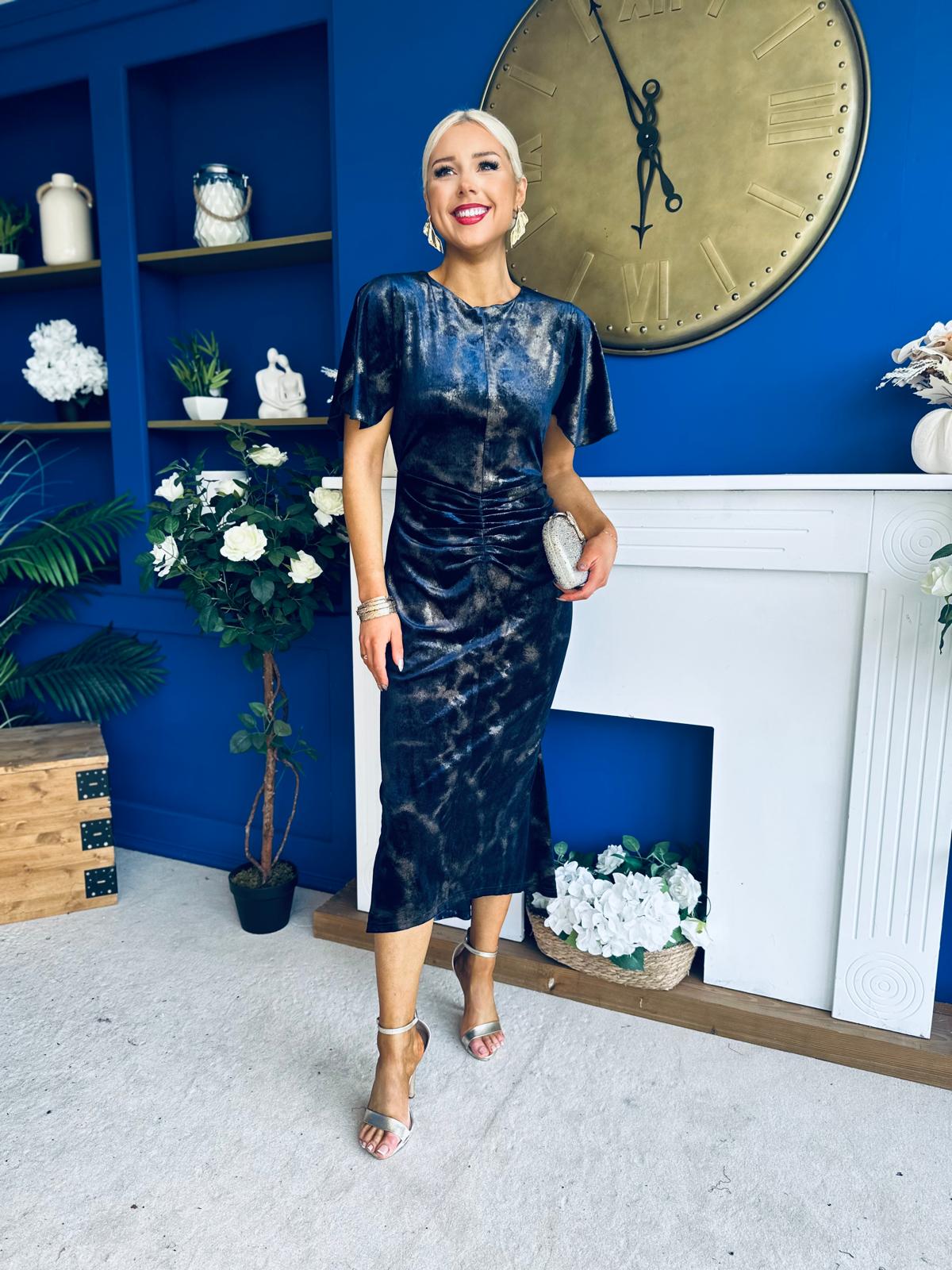 Cleo Velvet Ruched Detail Midi Dress Navy And Gold