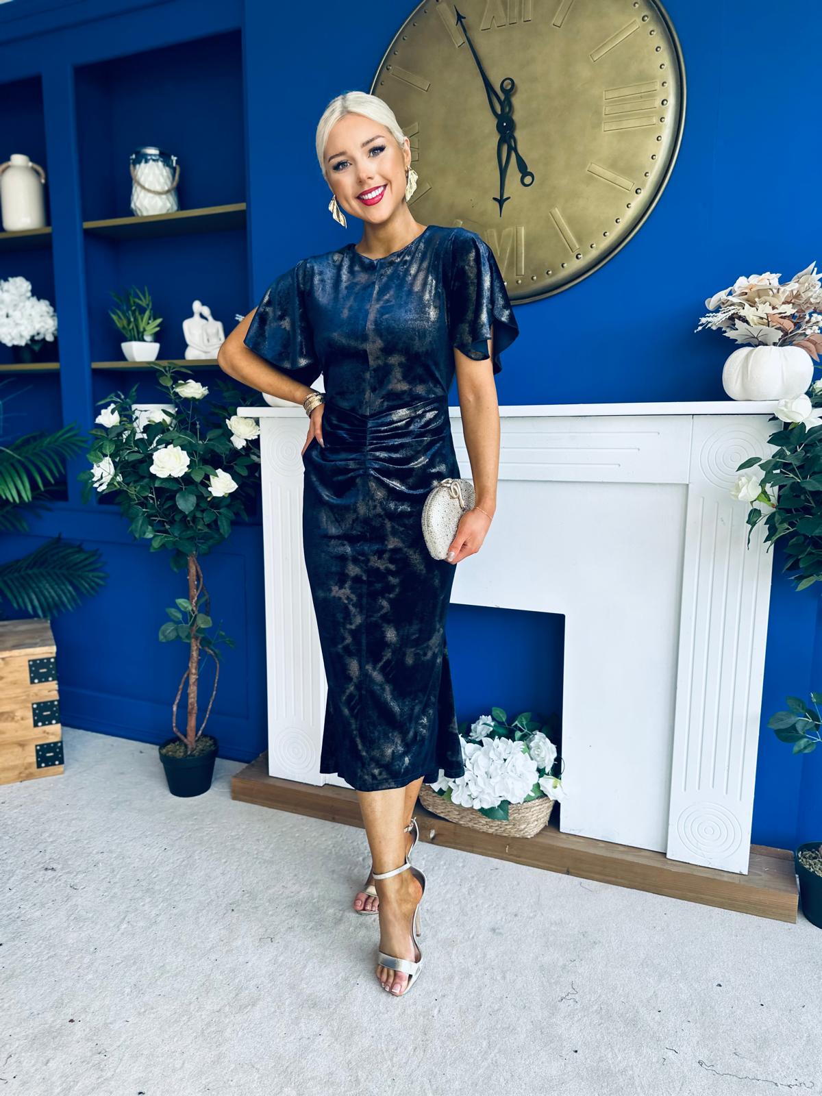 Cleo Velvet Ruched Detail Midi Dress Navy And Gold