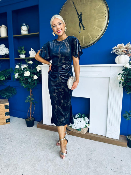 Cleo Velvet Ruched Detail Midi Dress Navy And Gold