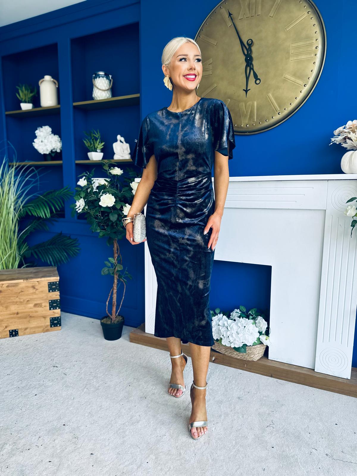 Cleo Velvet Ruched Detail Midi Dress Navy And Gold