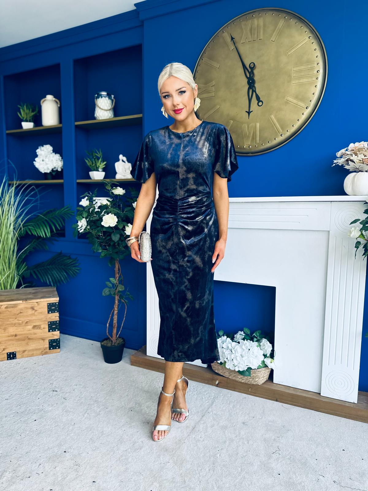 Cleo Velvet Ruched Detail Midi Dress Navy And Gold