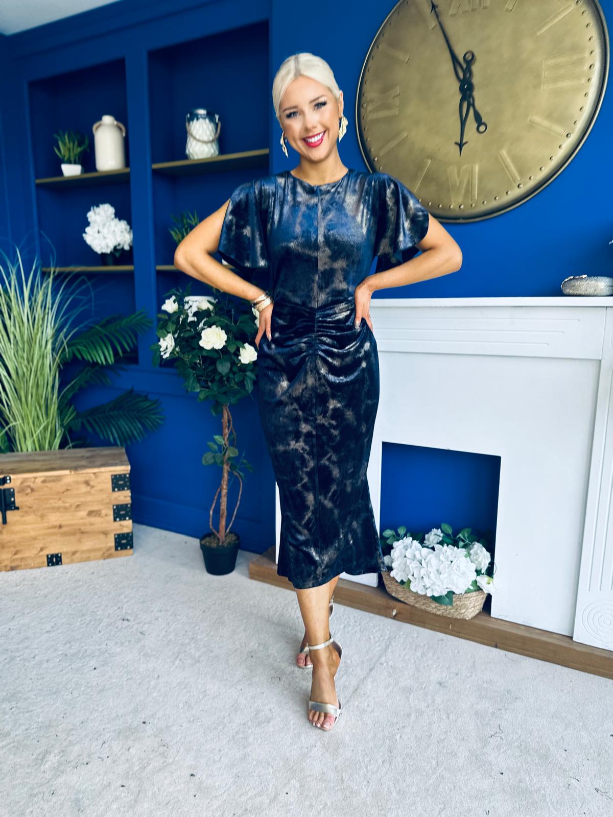 Cleo Velvet Ruched Detail Midi Dress Navy And Gold