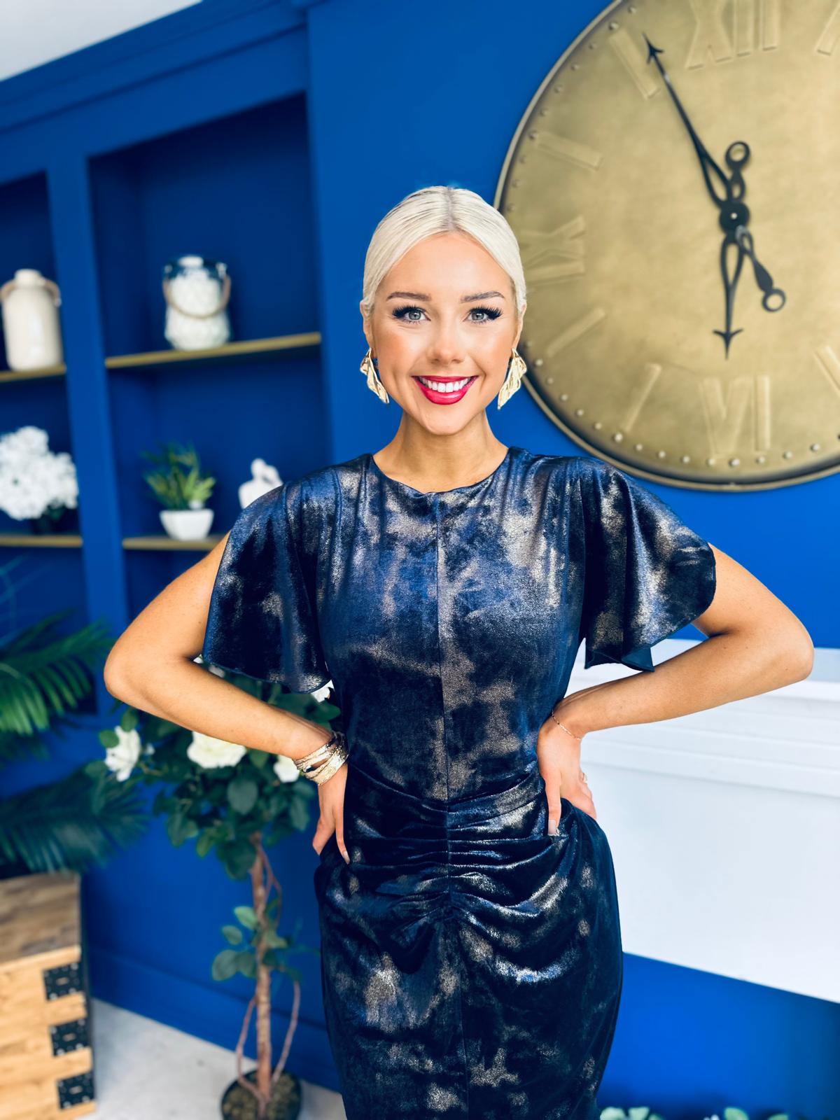 Cleo Velvet Ruched Detail Midi Dress Navy And Gold